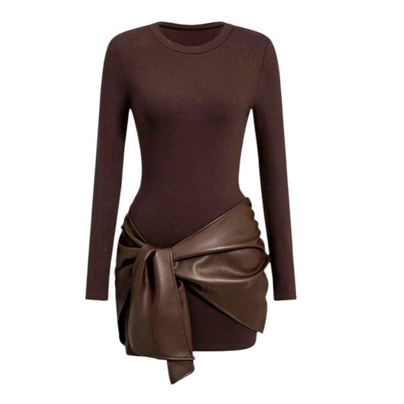 Micas Dresses & Skirts - Micas Womens Small Faux Leather Patchwork Tie Front Round Neck Ruched Mini Dress